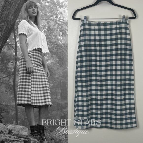 Rare Gingham Skirt ASO Taylor Swift Folklore Green White Plaid Midi Fall - Picture 2 of 6